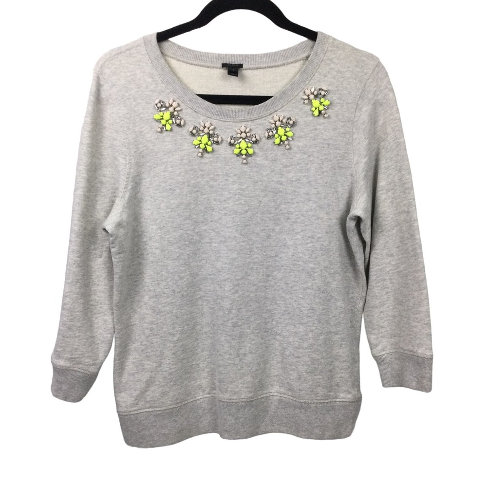 J Crew Women's Gray Beaded Neckline Crew Neck Pullover Long Sleeve Top S